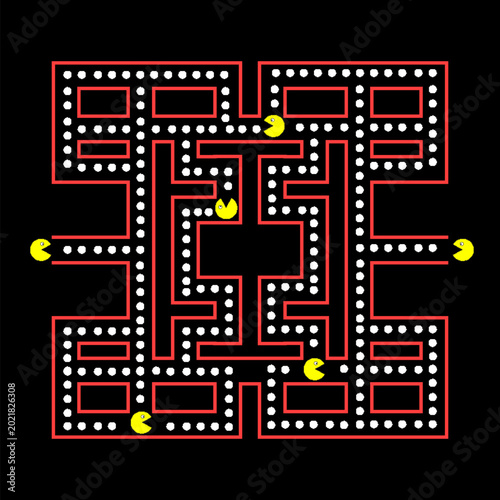 Retro Arcade Video Game Maze Design with Yellow Characters and Dots