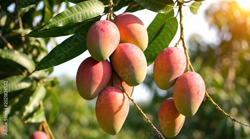 Bunch of Ripe Tropical Mangoes Ready for Harvest in Sunlight