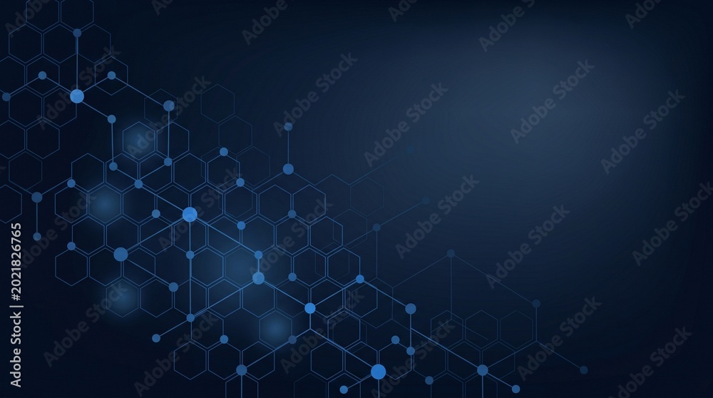 Obraz premium Abstract dark blue molecular network with hexagonal structures and glowing