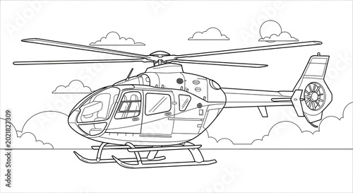 Detailed Helicopter Line Art Illustration for Coloring Book Page