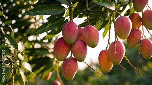 Ripe Red Mangoes Hanging on Tree Branches in a Sunny Tropical Orchard