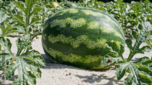 Large striped watermelon ripening on vines in a sandy farm field