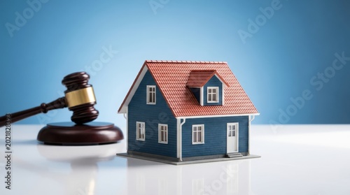 House auction gavel on table next to miniature house on blue background real estate law concept.