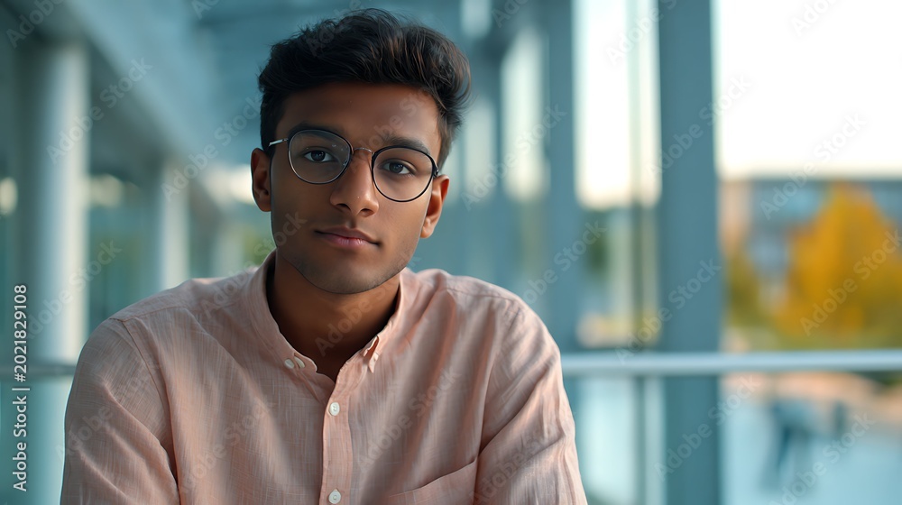 Obraz premium Portrait of a confident Indian young male college student in a pastel linen shirt sitting outside a modern campus building.