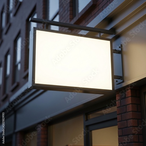 Blank Illuminated Storefront Sign Hanging on a Brick Building at Dusk