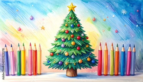 Colorful illustration of a decorated Christmas tree with pencils