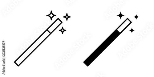 Wand icon in outline and solid style, isolated on white background. Ideal for magic, AI tools, and creative automation features in mobile and web design.