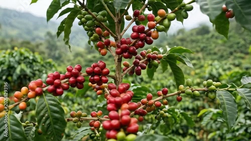 Close Up Of Fresh Red Coffee Cherries Ripening On A Tree Branch