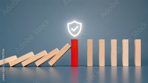 Red wooden block with glowing shield icon stopping falling dominoes representing risk management and business protection concept