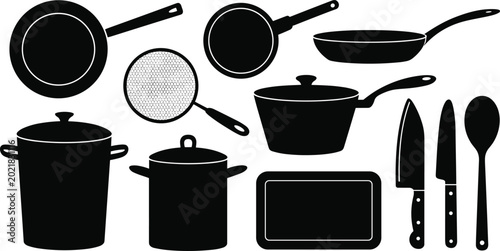 Tableau sur toile Kitchen Cookware and Chef Knife Silhouette Icon Set Featuring Frying Pans Boilin