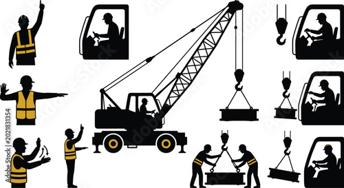 Photos Mobile Crane Operations Silhouette Set with Riggers Giving Hand Signals and Oper