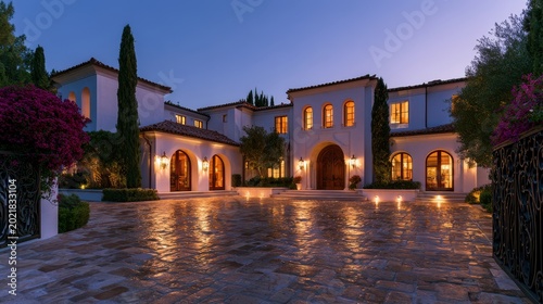 Mediterranean mansion exterior featuring illuminated arched windows and cobblestone courtyard at blue hour for luxury architectural marketing