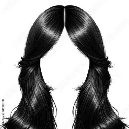 sleek long black hair with middle parting cutout isolated on transparent background