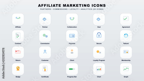 Photos A comprehensive collection of professional affiliate marketing icons set Vector