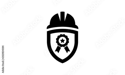 Modern construction shield logo with a worker helmet emblem designed to create a strong, trustworthy, and professional brand identity.
