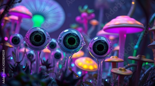 Fantasy Illustration of an Alien Mushroom Forest with Glowing Robot Eyes