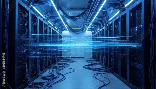 Modern Data Center with Rack Servers and Digital Data Flow Visualization