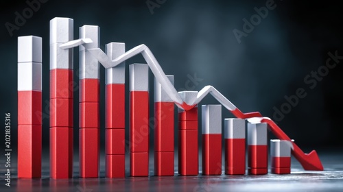 Dramatic Decline in Business Graph with Red and Silver Bars Depicting Decreasing Trends and Financial Losses on Dark Smoky Background