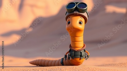 Animated Worm Character Adventurer in the Desert