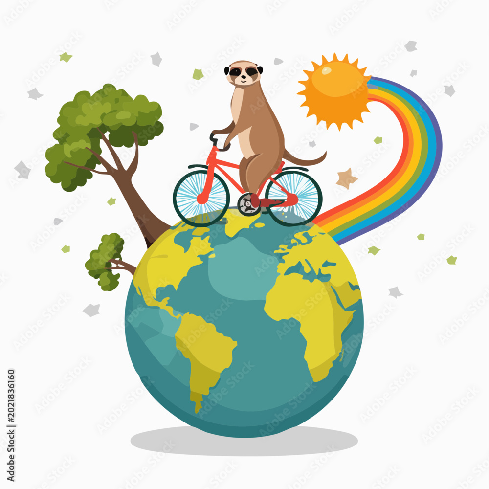 Fototapeta premium Meerkat riding a bicycle on Earth with a rainbow and sun