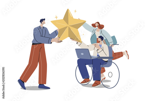 Business team with a wheelchair user receives a prestigious award, Symbols of a successful organization.