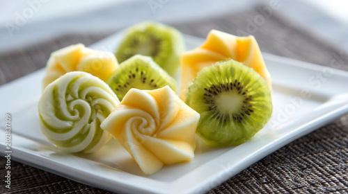Elegant Kiwi and Cream Dessert Swirl with Tropical Fruits