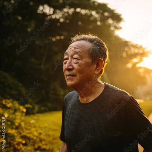 Elderly Asian Man Jogging in Park at Sunrise Golden Light Enjoying Morning Exercise