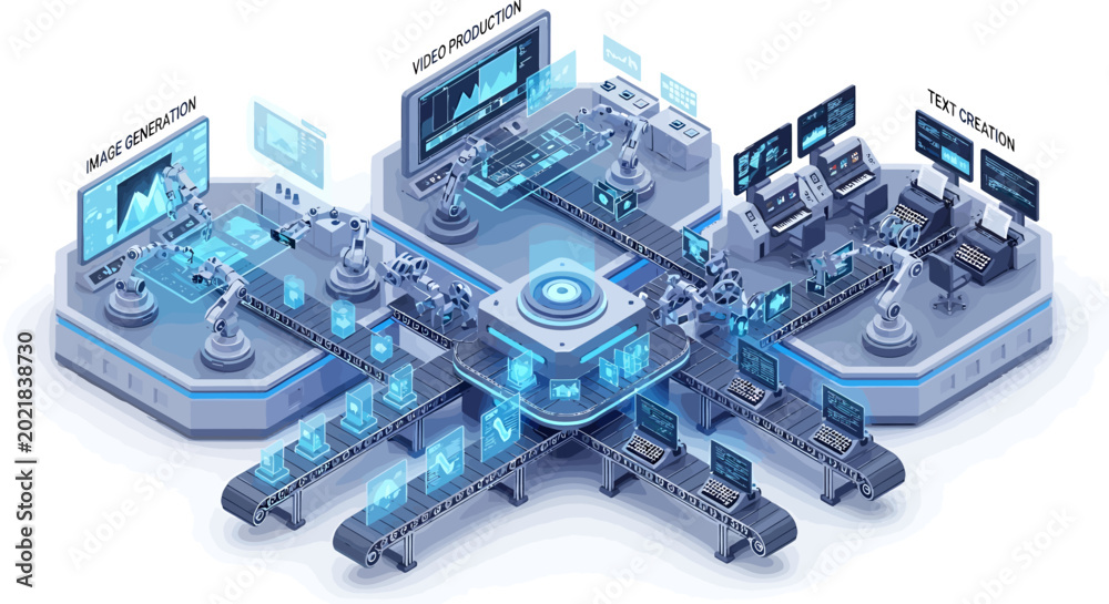 Fototapeta premium Innovative automated factory with robotic arms and conveyor belts for advanced manufacturing and production processes