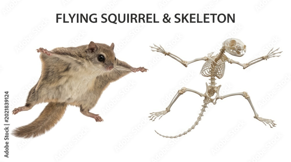 Fototapeta premium Brown Flying Squirrel and Matching Skeleton Posed Side by Side on White Background
