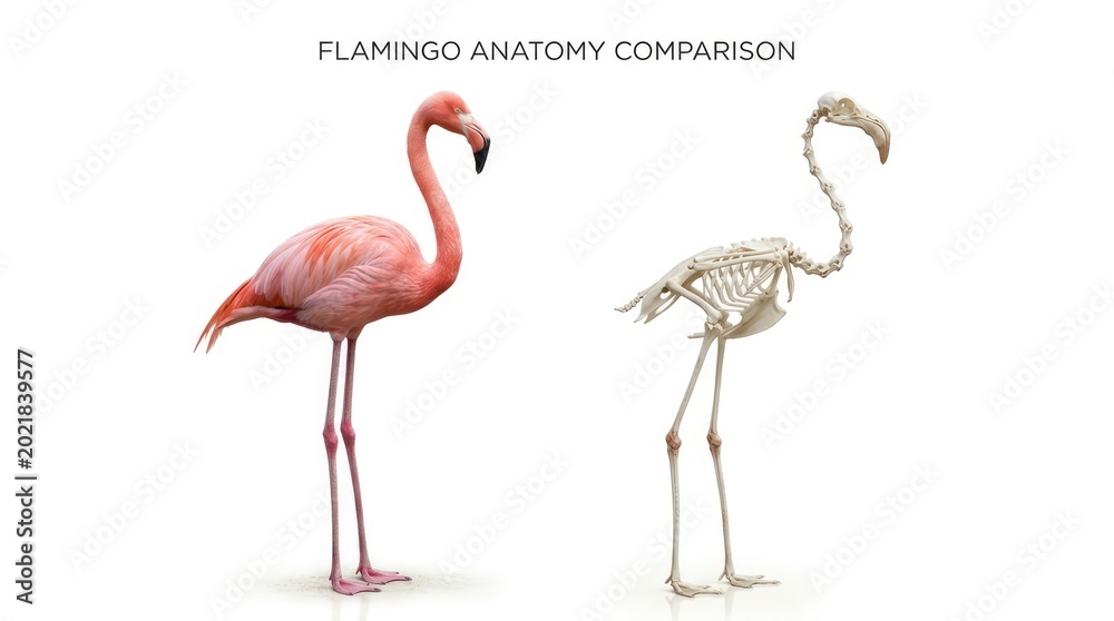 Fototapeta premium Pink Flamingo and Bird Skeleton Standing Side by Side on White Background