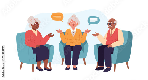 Group of diverse senior citizens sits in armchairs in a circle while sharing stories and engaged in social communication.