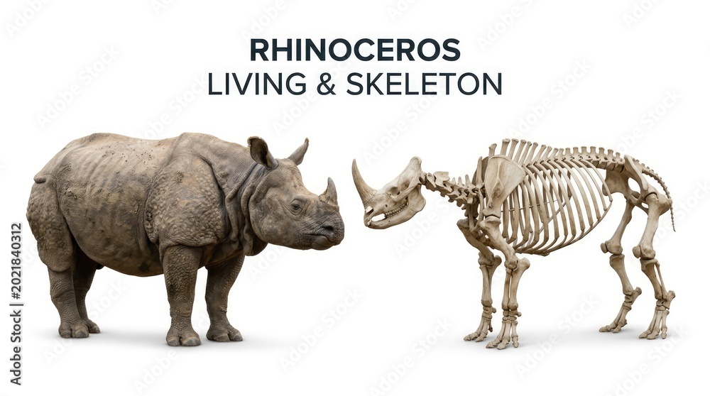 Fototapeta premium Realistic Rhinoceros and Anatomical Skeleton Facing Each Other on White Studio Background