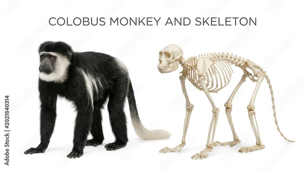 Fototapeta premium Black and White Colobus Monkey Standing Beside Skeleton on White Background