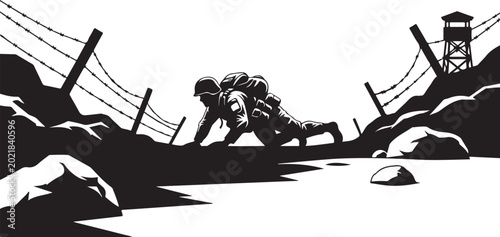 Soldier crawling under barbed wire obstacle with watchtower