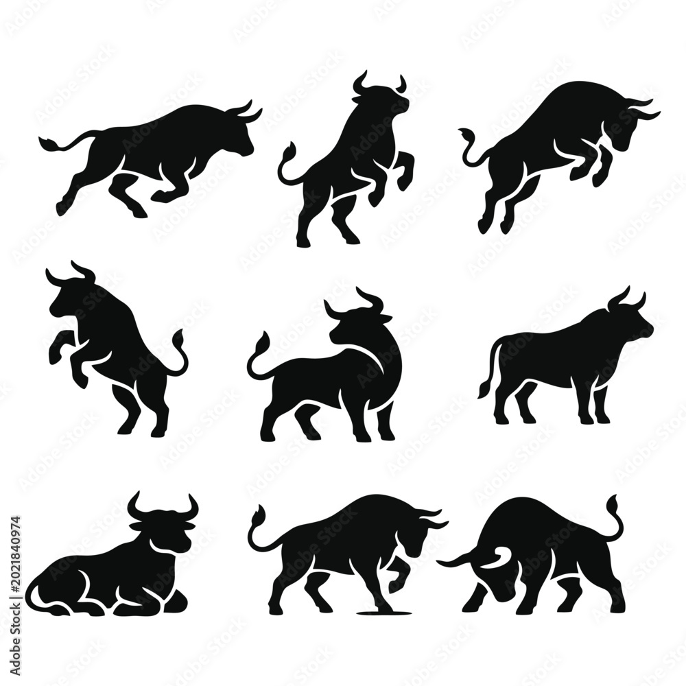 Obraz premium Powerful bull silhouette icons set showing various dynamic poses
