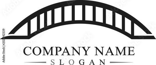 Arch bridge vector illustration logo icon, minimalist steel structure construction engineering silhouette, urban transportation infrastructure, modern design, black white.