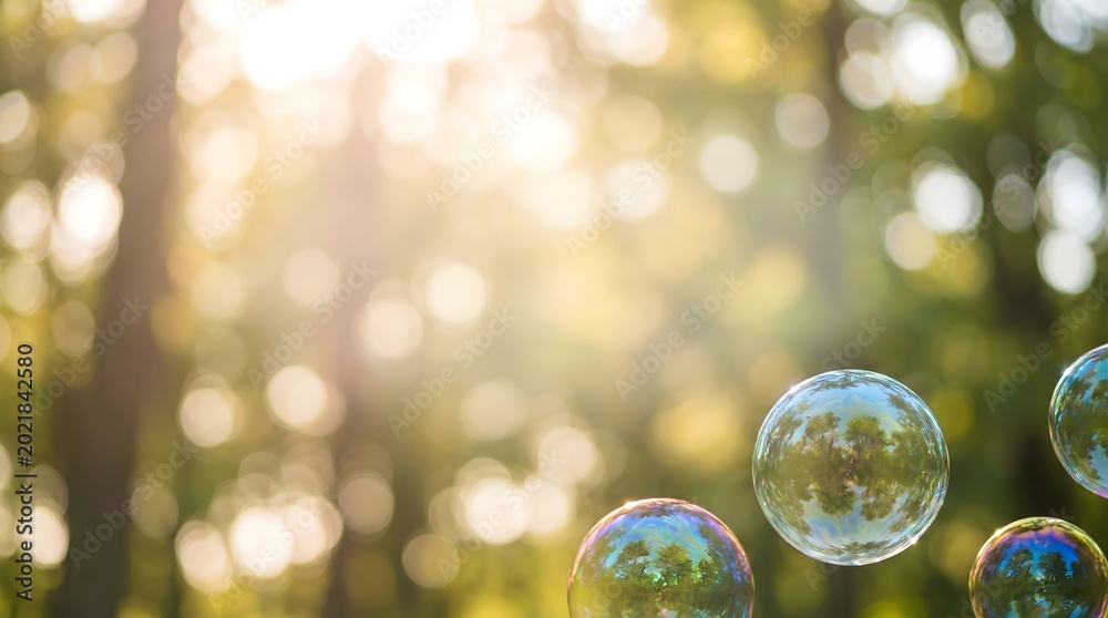 Fototapeta premium Soap bubbles floating in nature with bright sunlight