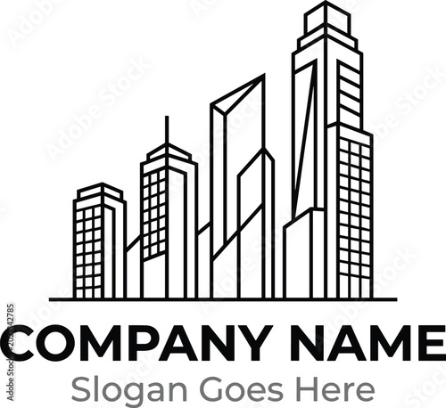 City skyline corporate logo design, modern black and white vector illustration, professional urban architecture branding template with text