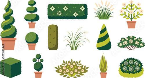 Tableau sur toile Garden topiary and potted plants elements set with trimmed bushes spiral trees a