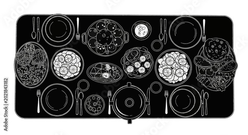 Top view vector illustration of a communal dinner table set with various dishes, plates, and cutlery for a family meal or Iftar, featuring Mediterranean food and appetizers.