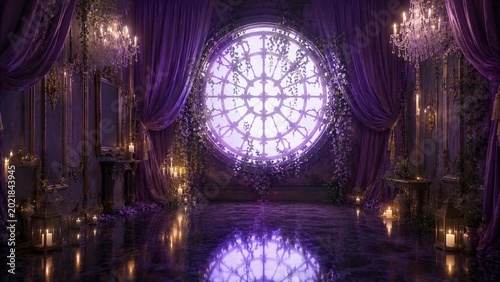 Purple gothic studio with round window and candles