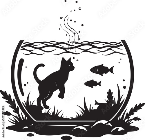Black silhouette cat inside fishbowl with fish and plants