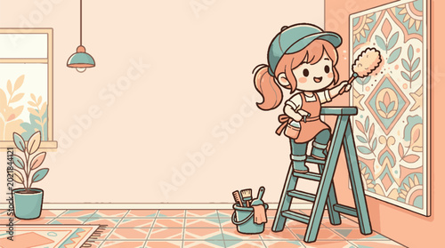 Cute girl cleaning wall decoration on ladder.