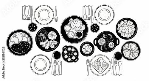 Top-down vector illustration of an Iftar dinner table in black and white line art, featuring shared plates of food, cutlery, napkins, and various bowls for a Ramadan communal meal.