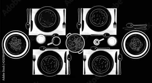 Top view vector illustration of a dining table set for four people with plates, silverware, placemats, and communal bowls, rendered in a high-contrast black and white graphic style.