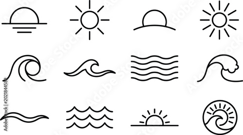 Photography Minimalist ocean wave and sun line art icons set for summer beach resort logo de