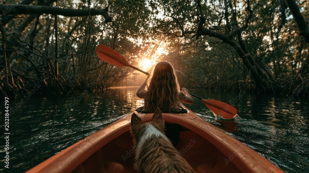 Fototapeta premium A person paddles a kayak through a serene mangrove forest with a dog sitting at the bow during sunset.