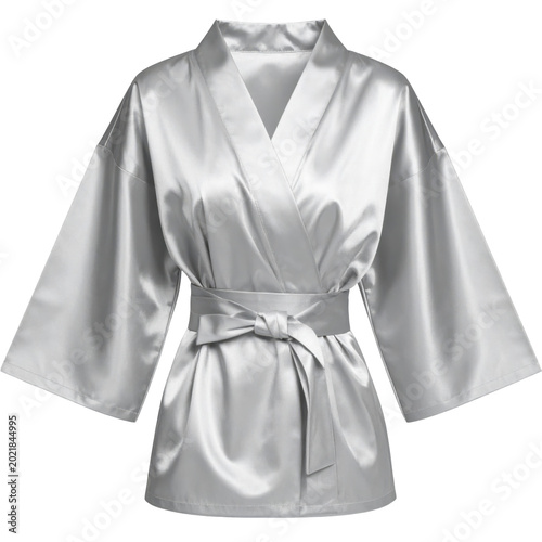 Silver Satin Silk Kimono Robe for Women, Elegant Short Bathrobe Loungewear with Sash Belt Isolated on White Background