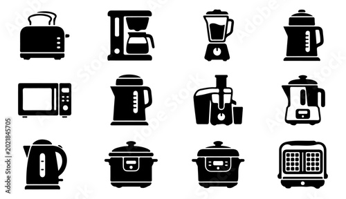 Kitchen electric appliances silhouette vector icons set household food preparation tools including blender coffee maker and cooker