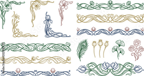 Cuadro en lienzo Antique art nouveau botanical dividers and corners set decorative colorful flowe